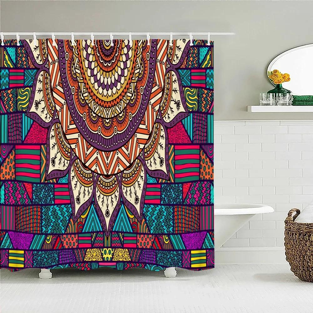 Bohemian 3D Shower Curtain, Indian Mandala Flower Green Blue Chic Color Modern Pattern Bathroom Fabric Home Decor Shower Curtain