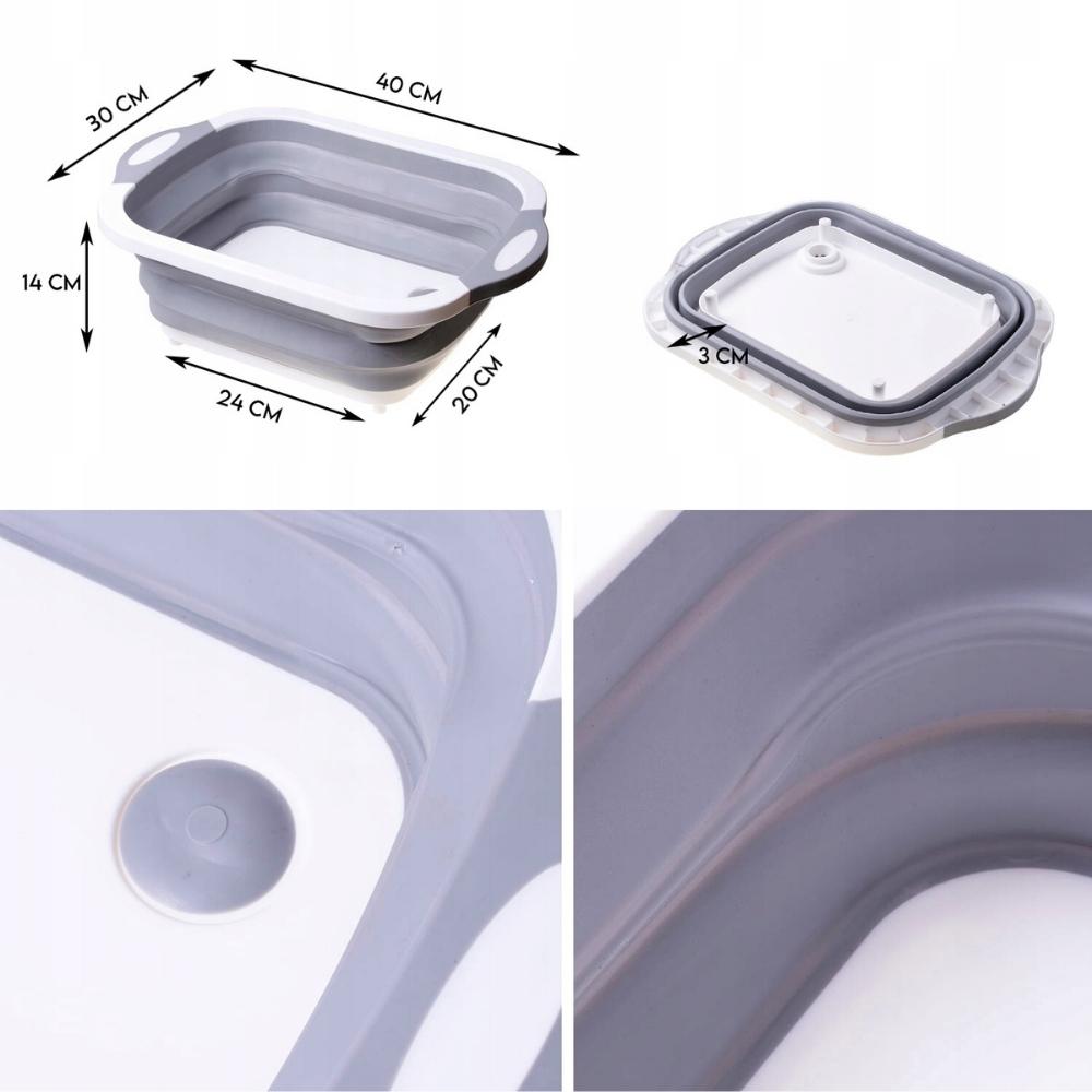 Foldable silicone bowl with drain, gray, for vegetables, laundry, 6l