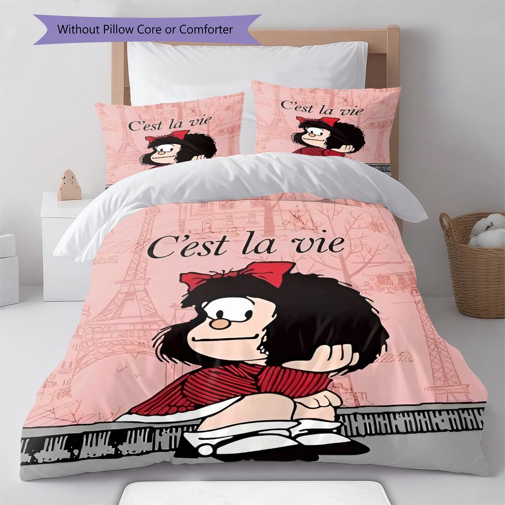 Pościel z wzorem Mafaldy, Zestaw kołdry Poszewka na kołdrę Poszewka na poduszkę Domowy prezent urodzinowy (1 * poszwa na kołdrę + 2 * poszewki na poduszki, bez rdzenia)