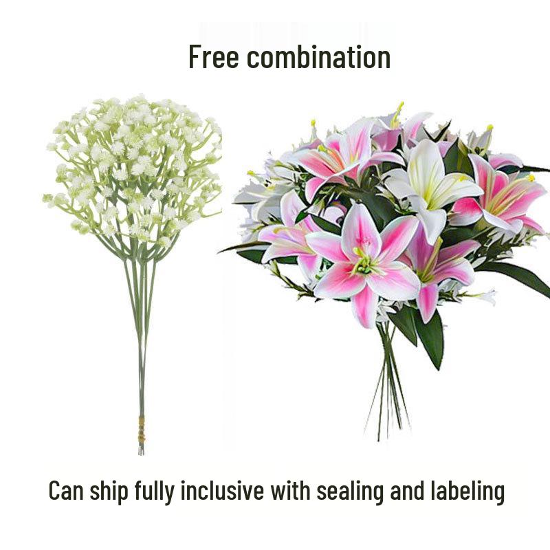Lily and Baby's Breath Artificial Bouquet - Decorative Faux Flowers Arrangement