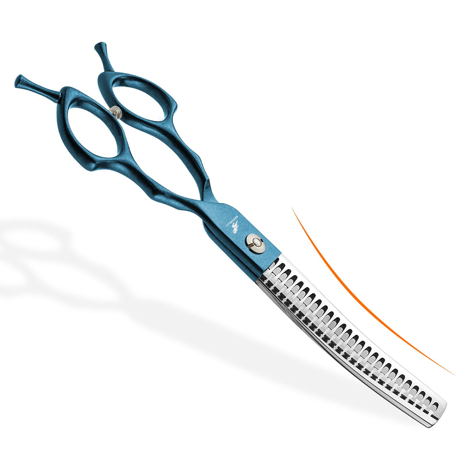 6.5-Inch Meideng Handle, Semi-Blue Fishbone Curved Tooth Scissors, Curved Scissors, Pet Trimming Scissors, Thin Scissors, Curved Teeth. 6.5inch half blue fishbone curved teeth