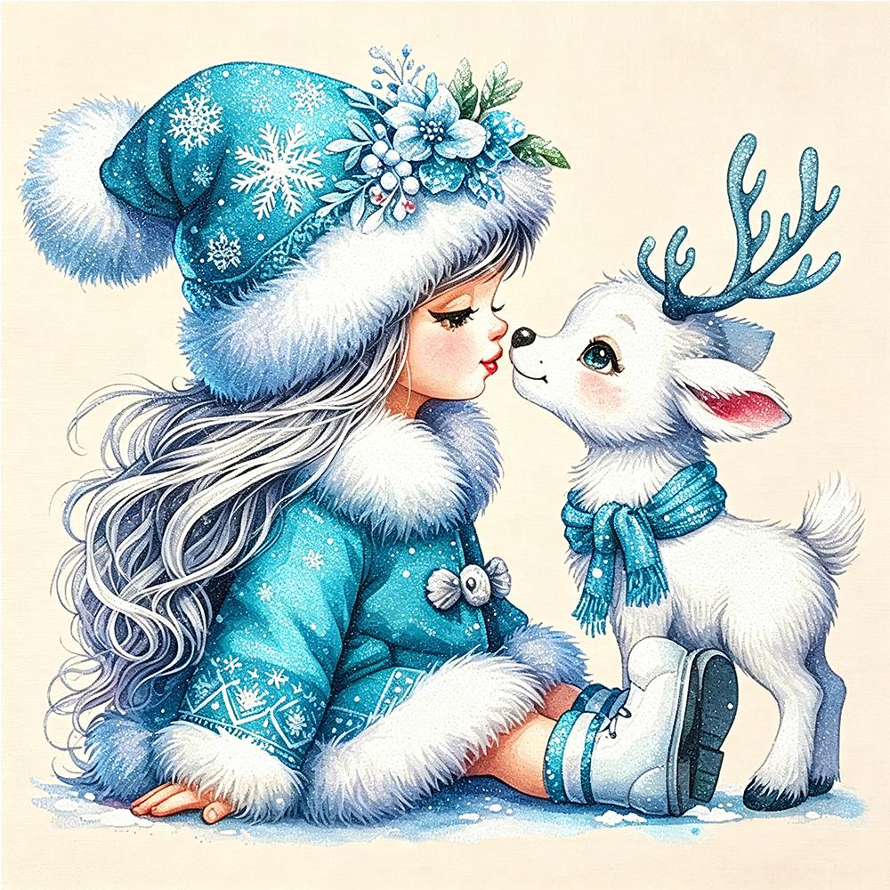 5D Diamond Painting Winter Girl and Reindeer Diamond Art DIY Craft Home Wall Decor Full Drill Kit for Christmas Holiday Decoration