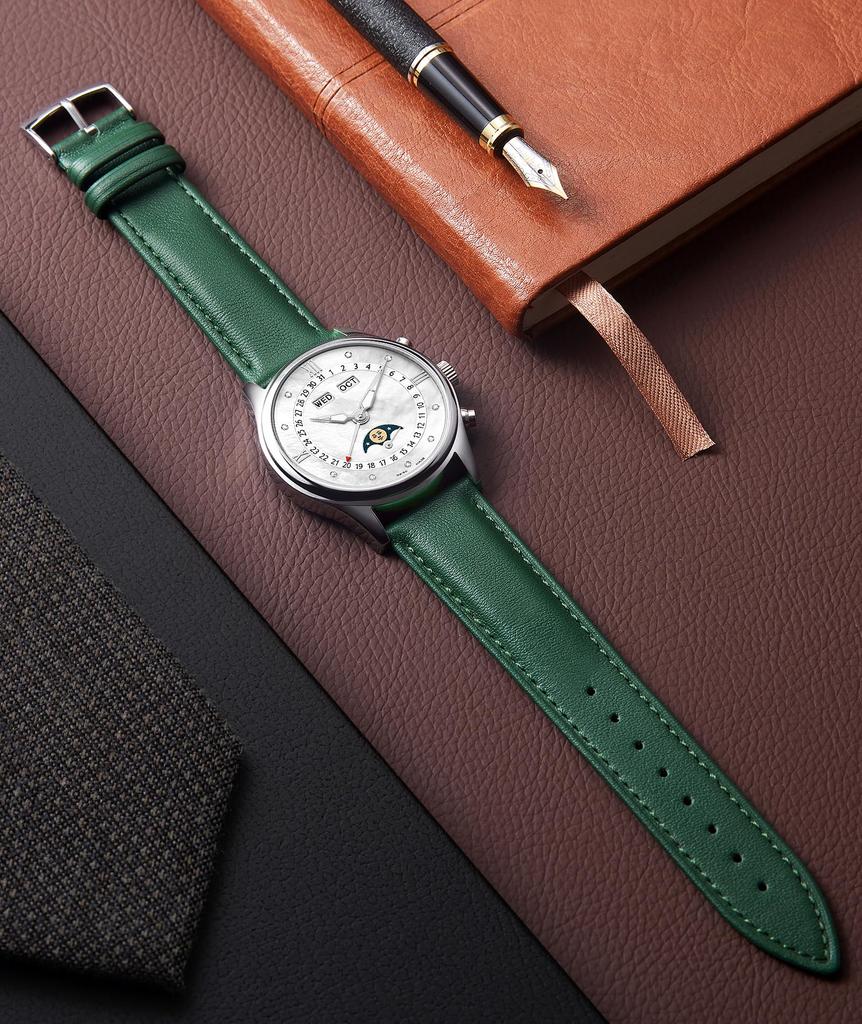 BINLUN Leather Watch Strap, Quick Release, Multiple Colors, Stylish Replacement Strap, Soft and Breathable, Unisex (20mm, Green)