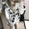 2KWEIRD Faux Coats Women Graphic Jacket with Hooded Fleece Fur Hoodie Edgy American Retro Street Style and Y2K Fashion Top