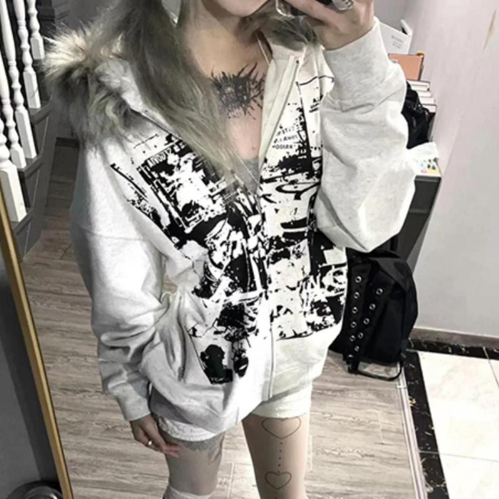 2KWEIRD Faux Coats Women Graphic Jacket with Hooded Fleece Fur Hoodie Edgy American Retro Street Style and Y2K Fashion Top