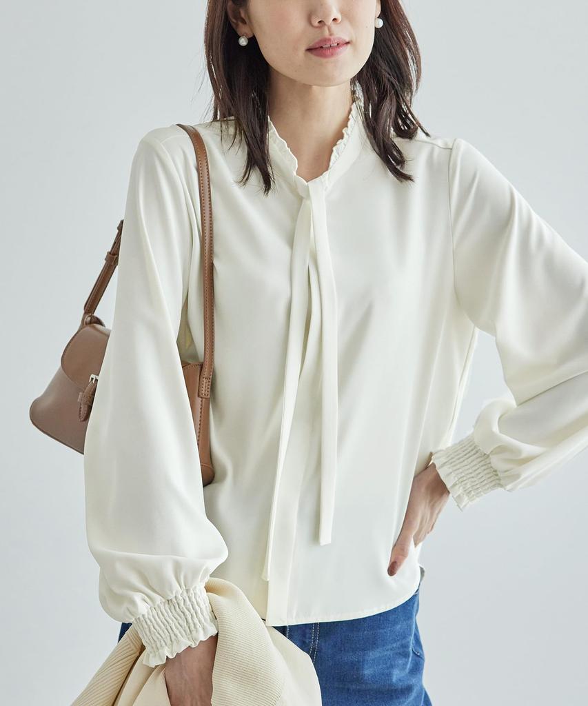 ROPE PICNIC Bowtie Frill Band Collar Women's Blouse, Off-White (15)