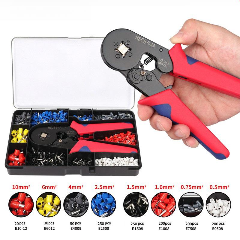 1200pcs Cold Crimp Terminal Set Crimping Pliers HSC8 6-4 6 Sets European Pipe Type Terminal Block Set