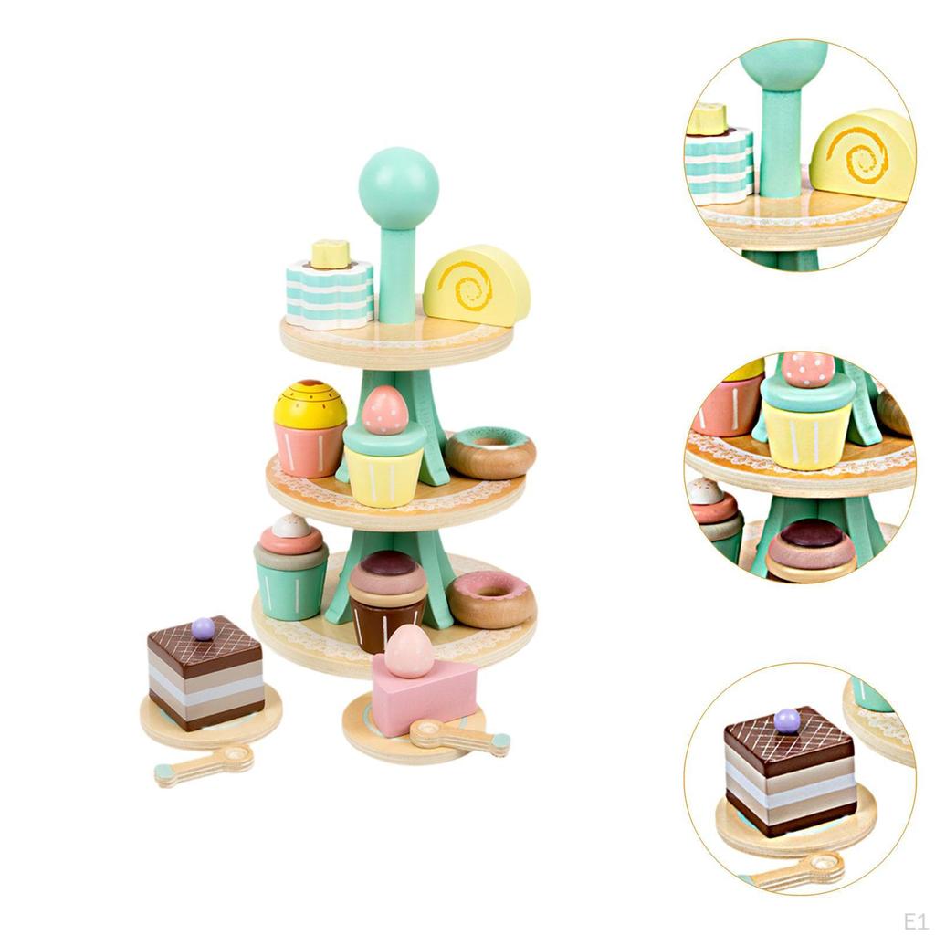 Wooden Tea Party Set,Food Kitchen Accessories,Role Play,Educational Dessert Stand Playset for Kids