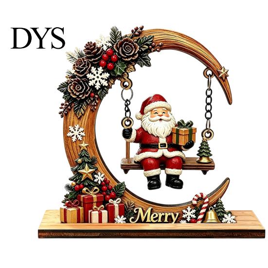 Artisanal Wood Christmas Decor Wooden Swing Ornament with Santa Claus/Bear for Christmas, Tabletop Rustic Home Accents Claus Figurine Living