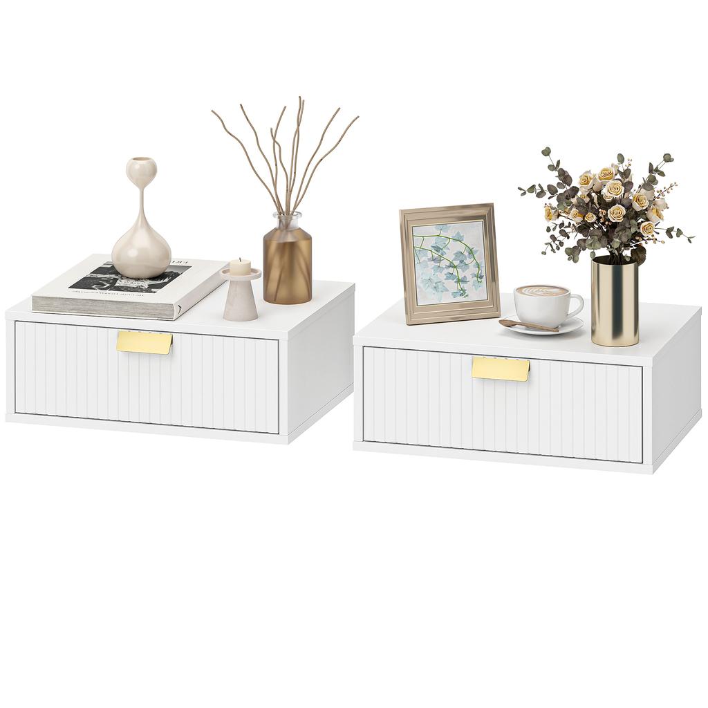 Set of 2 Wall-Mounted Nightstands, Wavy Drawer, 40x30x15 cm, White
