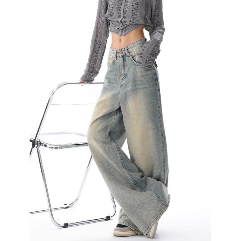 Y2K Blå Jeans til Kvinder Høj Talje Amerikansk Street Wide Leg Bukser Hip Hop Vintage Lige Efterårsbukser
