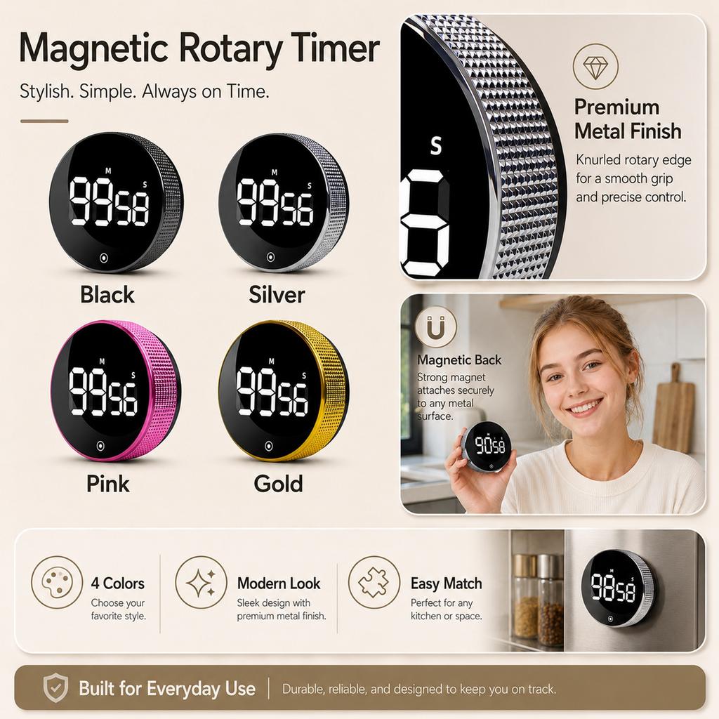 Digital Rotating Timer with Magnetic Back for Kitchen Cooking Reminder Alarm