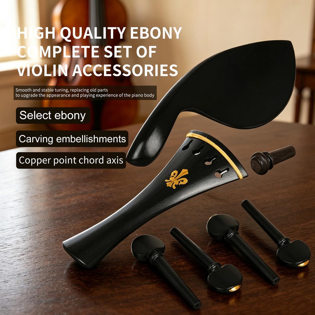 Violin Parts Kit Ebony Brass 4/4 3/4 Tailpiece Pegs Chinrest Endpin for Violin Replacement Fittings String Instrument Accessory