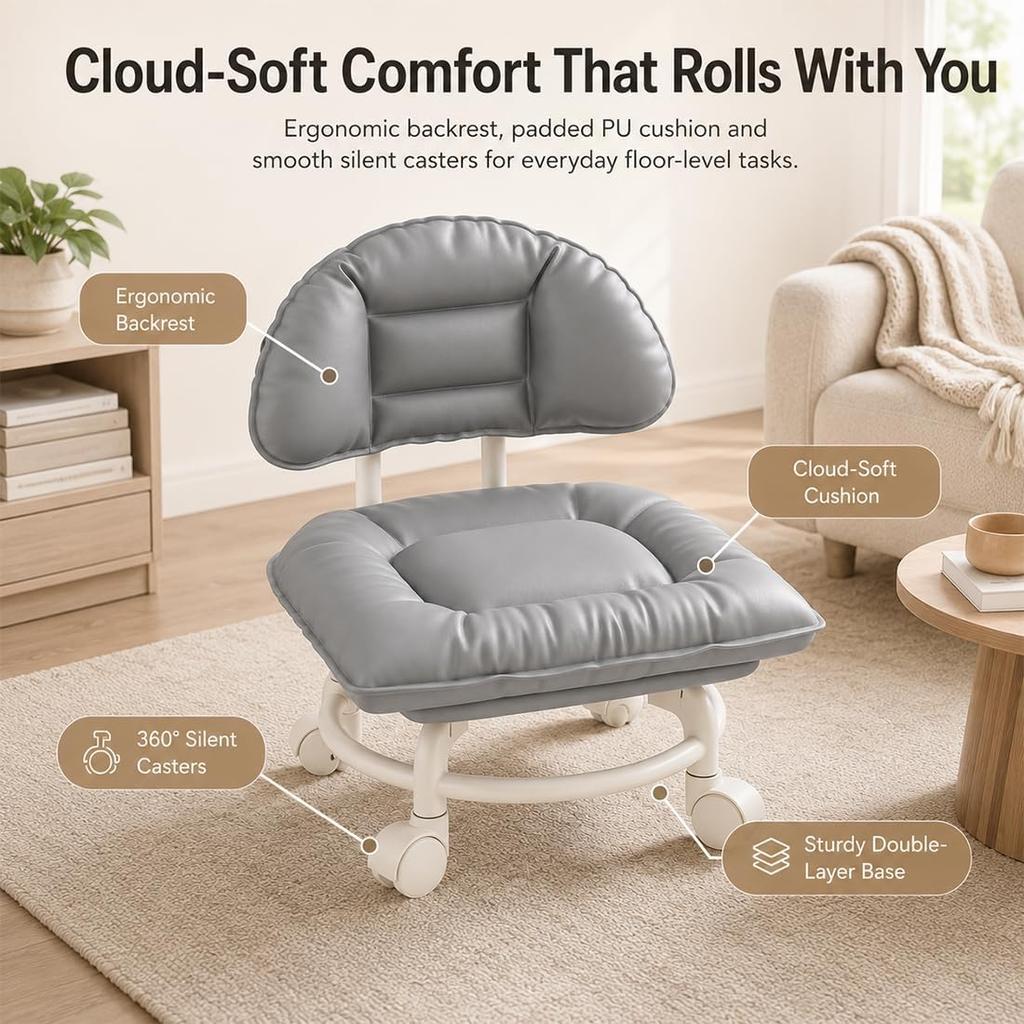 Rolling Low Stool with Backrest Padded Seat & Silent Casters Thick Foam Cushion Smooth Multidirectional Movement for Home Office Garage Shop Library