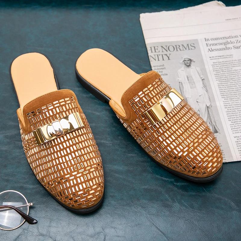Fashion Summer Rhinestone Half Slippers Loafer Men's Shoes Mules Party Trendy Shoes Man Male Leather Casual Moccasins Shoes for Men