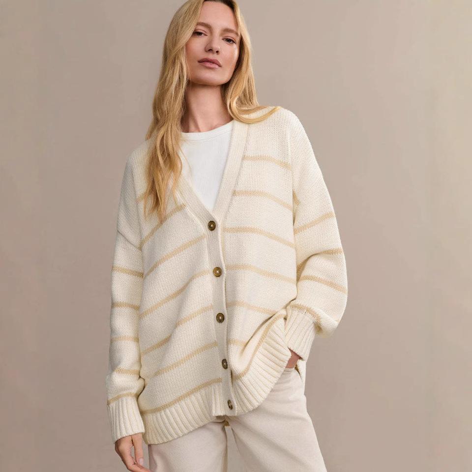 Striped Knitted Cardigan Autumn and Winter New V-neck Sweater for Women