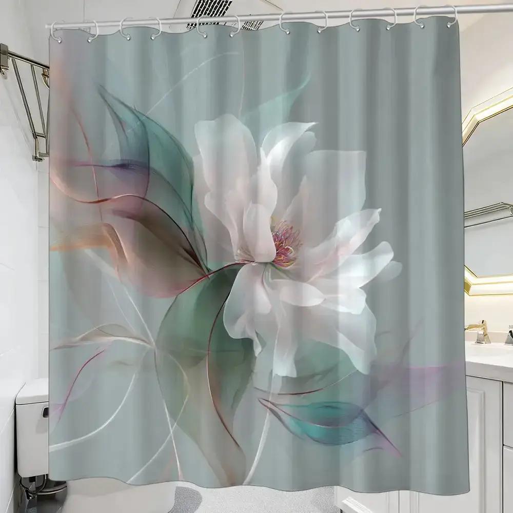 

Abstract Floral Shower Curtain – Soft White Bloom With Teal & Lilac Swirls, 12 Hooks, 70.87×70.87 Spa-Style Bathroom Decor W60H190(CM)-1 Pcs