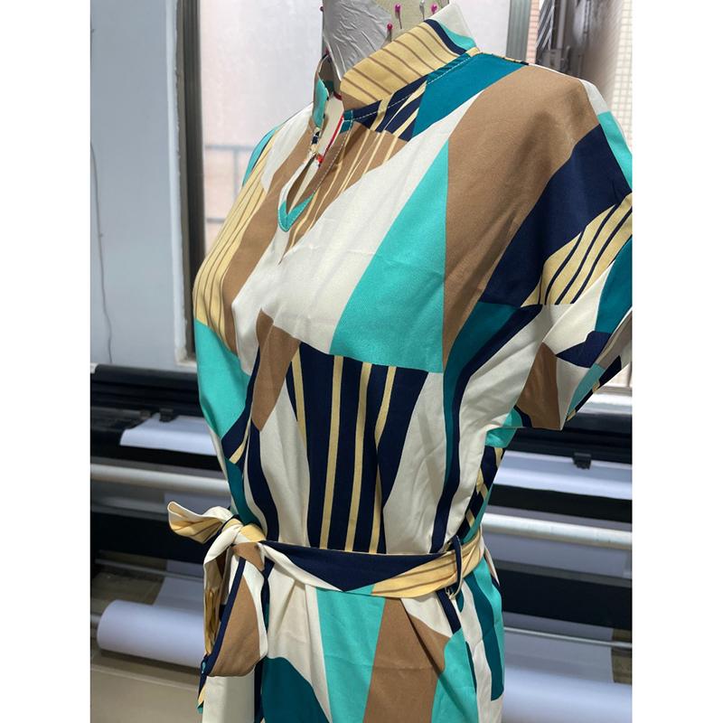 Fashion Batwing Sleeve Print Loose Casual Dresses for Women Summer Lace-up High Waist Vacation Long Dress Woman Vintage Slim Fit Sexy Lady Dress 26174