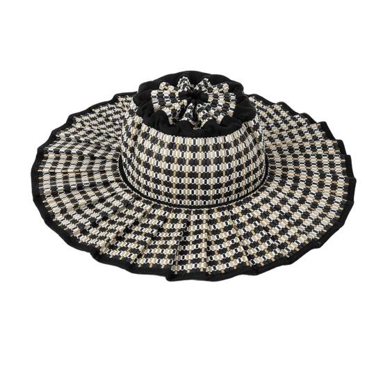 Women Straw Hat Plaid Print Summer Foldable Hat Wide Brim UV Protection Lightweight Breathable Beach Sun Hat
