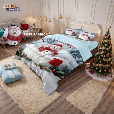 3pcs Merry Christmas Snowman Printed Coreless Duvet Cover Set, Multi Size Bedroom Bedding, Holiday Decoration, Machine Washable