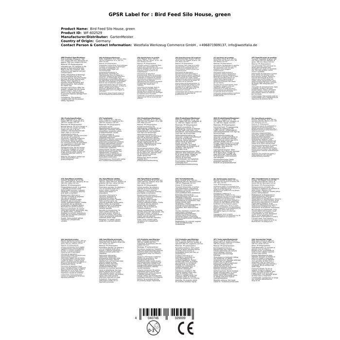 Mangeoire pour oiseaux - WESTFALIA - Silo maison - Vert - Capacité 500g - Poids 190g