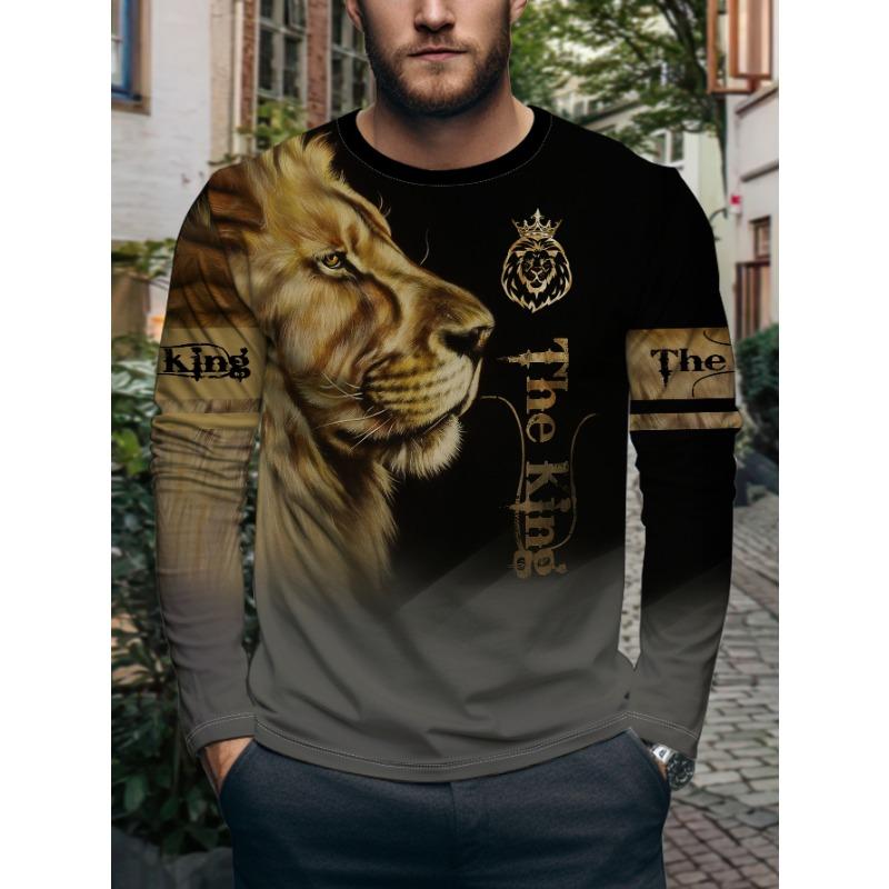Men S Fashion Lion Head Print Round Neck Long Sleeve T-Shirt Trendy Animal Pattern Letter Print Casual Top S