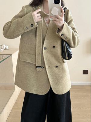 Petite Women's Two-Tone V-Neck Double-Sided Wool Coat for Autumn/Winter
