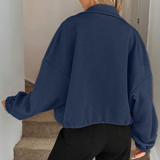 Women's Full Zip Short Jacket Casual Long Sleeve Stand Collar Crop Coat Drawstring Hem Fall Sweatshirt with Pockets