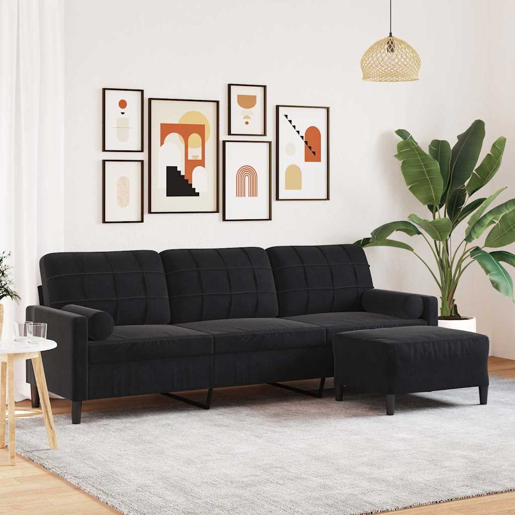 3 Seater Sofa with Ottoman In Black 210 Cm Velvet