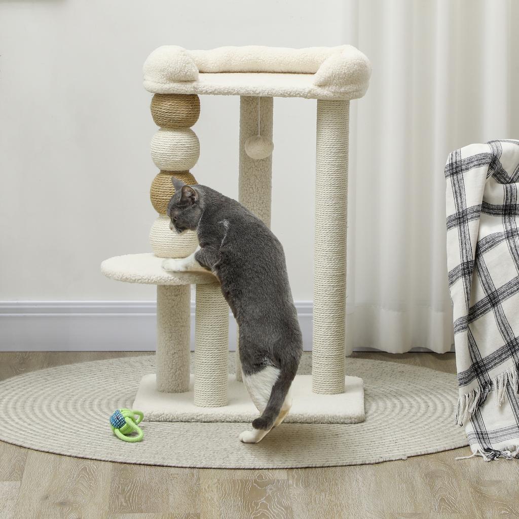 Cat Tower with Bed, Platform and Toy Ball, Made of Wood, Plush and Jute, 48.5x40x76 cm, Beige