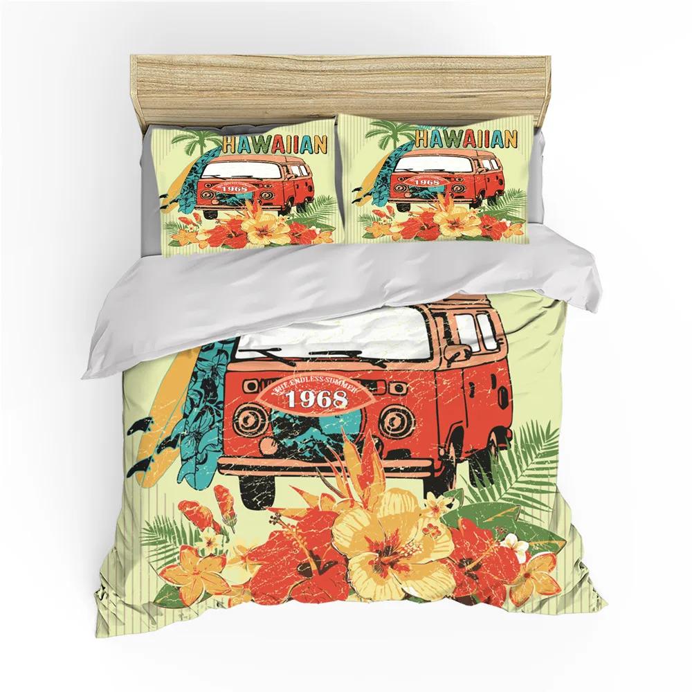 Surf Duvet Cover Hippie Classic Old Bus Surfboard Freedom Holiday Exotic Life Sketchy Art Yellow Orange Room Decor For Women Men
