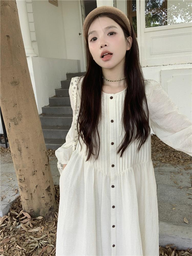 Korean Pleated Long-sleeved Dress Women's Early Autumn New Design Sense High Waist Loose Long A-shaped Skirt Tide
