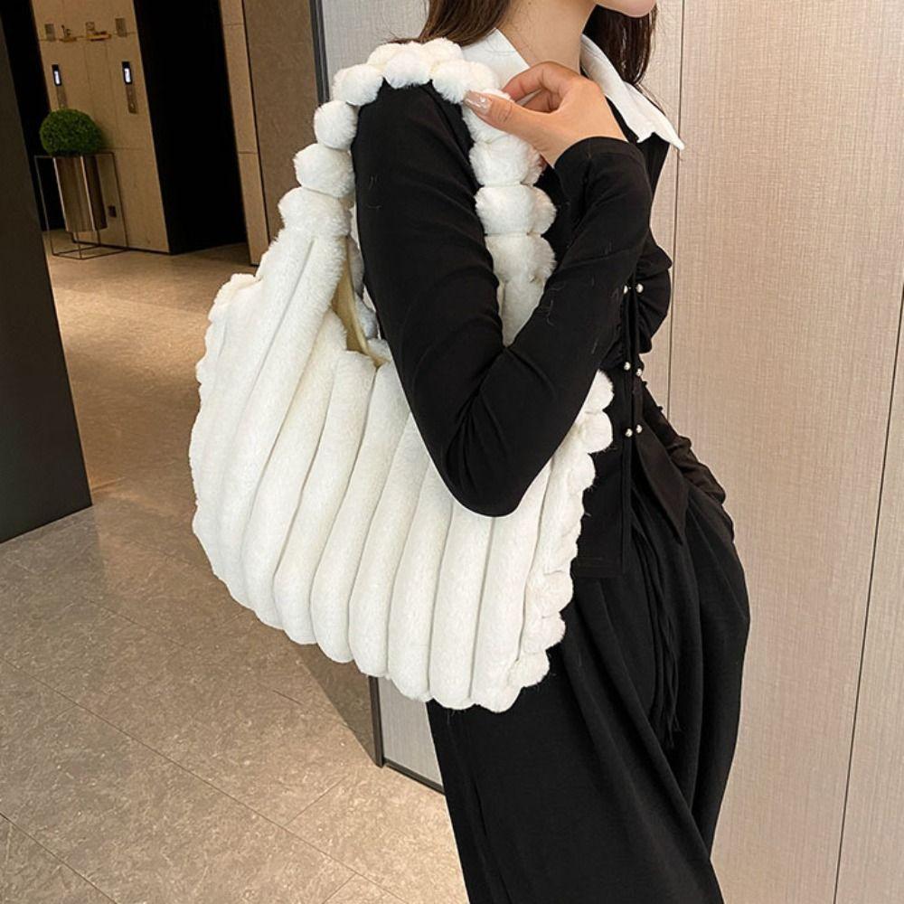 Solid Color Plush Handbag Large Capacity Plush Shoulder Bag Gift Plush Tote Bag Female/Girls