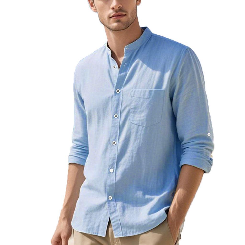 Solid-colour men's shirt Casual cardigan with stand-up collar Loose-fitting linen shirt Retro-inspired men's casual shirt