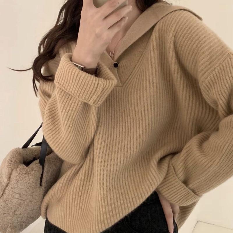 Lapel knitted sweater pullover new autumn and winter women's V-neck design sense niche loose lazy style top