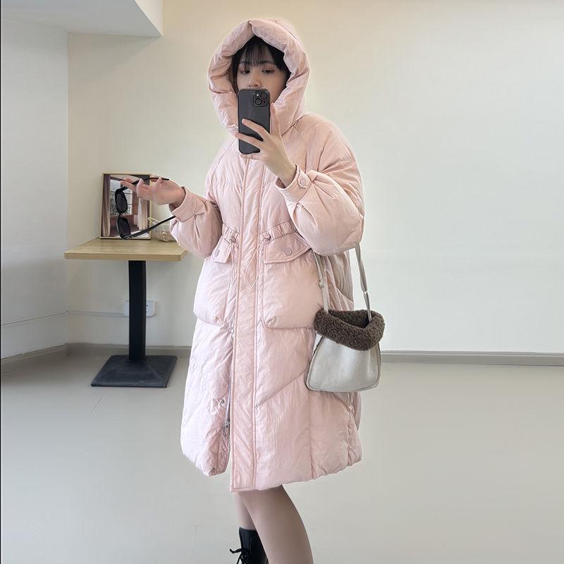 High-End Damen Kapuzen-Langdaunenjacke - Koreanischer Stil, Dick, Oversized, Tailliert, Überknie-Mantel mit Weißenten-Daunen.