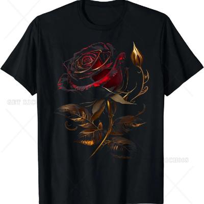 Fire Red Rose Black and Gold Graphic Tees for Men Women T-Shirt Gothic Design Short Sleeve Graphic T Shirts