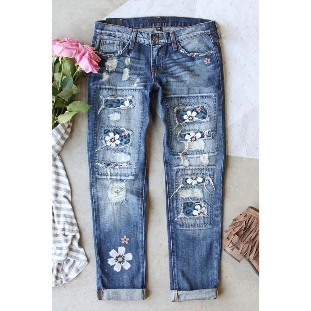 Women's Mid Rise Straight Leg Distressed Jeans Loose Fit Commuter Denim Pants Floral Patch Print Micro Stretch Vintage Washed Long Trousers For Autumn