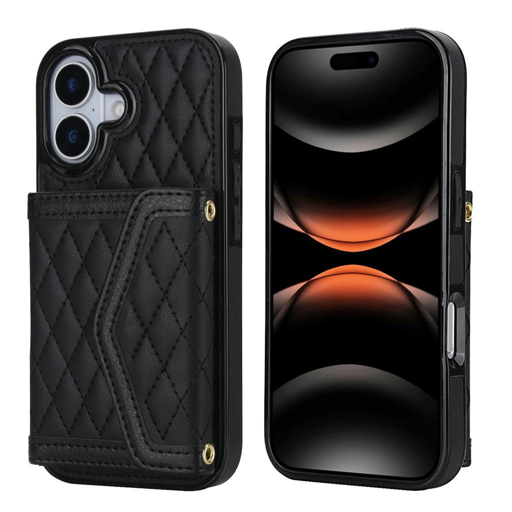 For iPhone 17 Case Card Holders RFID Blocking PU Leather + TPU Phone Back Cover with Shoulder Strap
