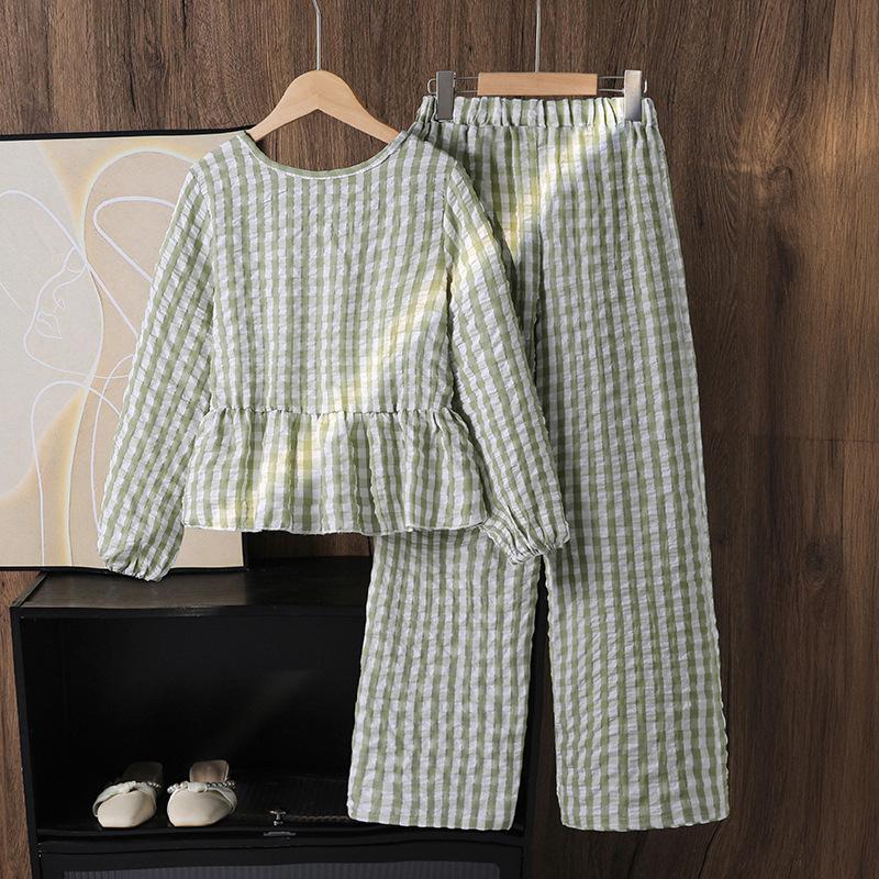 

Детская одежда 2025 Осень Клетчатый Свободный Топ с оборками и длинным рукавом и брюки с широкими штанинами Комплект из двух предметов для девочек 8Y зелёный