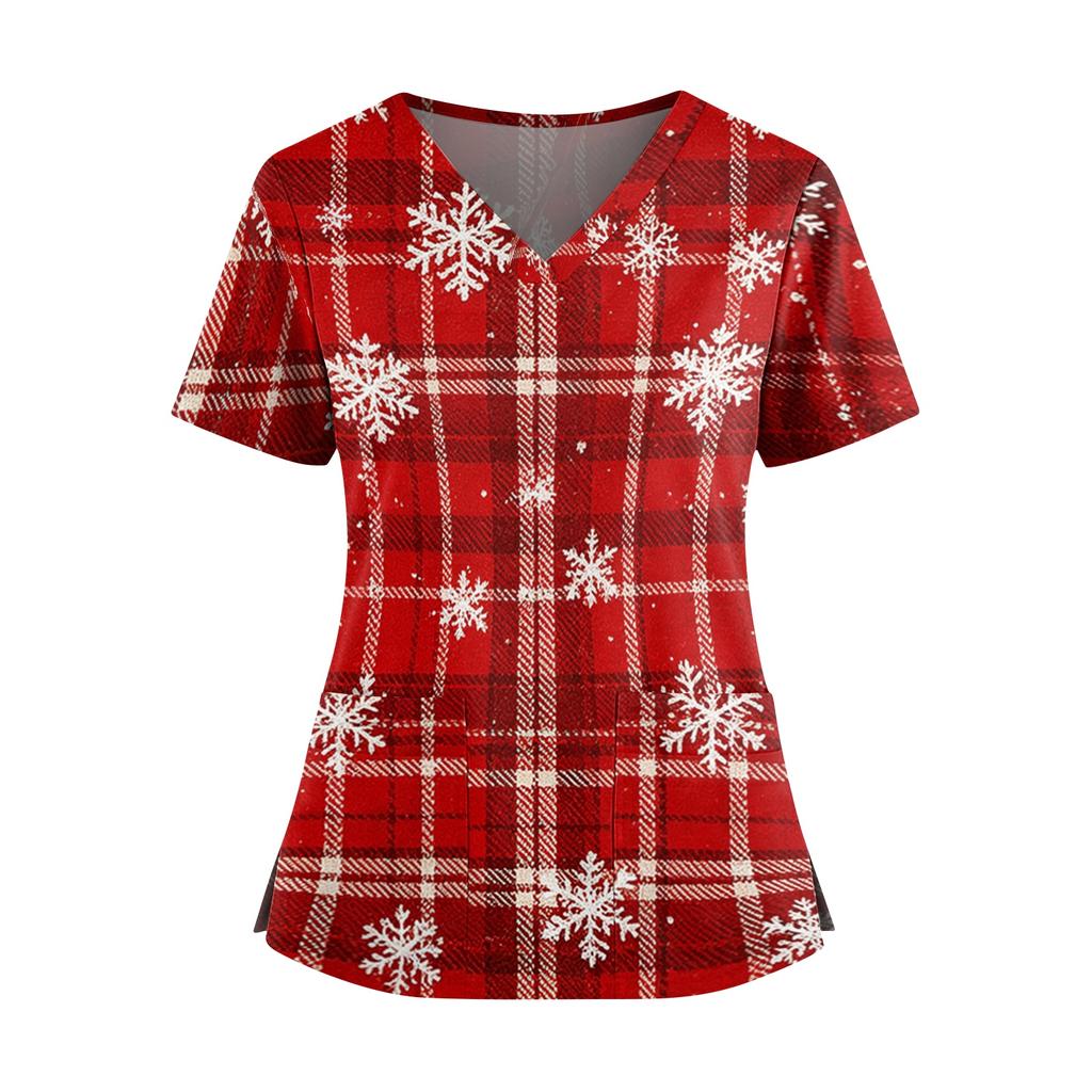 Women's Christmas Print V-Neck Short Sleeve Top with Pockets and Side Slit Work Uniform