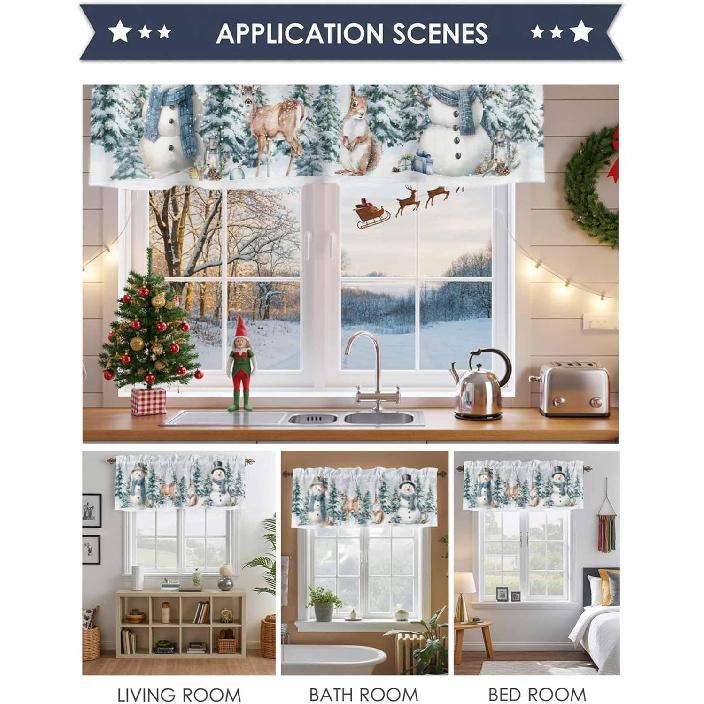 Christmas Valance for Windows Snowman Short Kitchen Curtains for Living Room Over Sink Deer Squirrel Merry Christmas Tree Topper Window Treatment