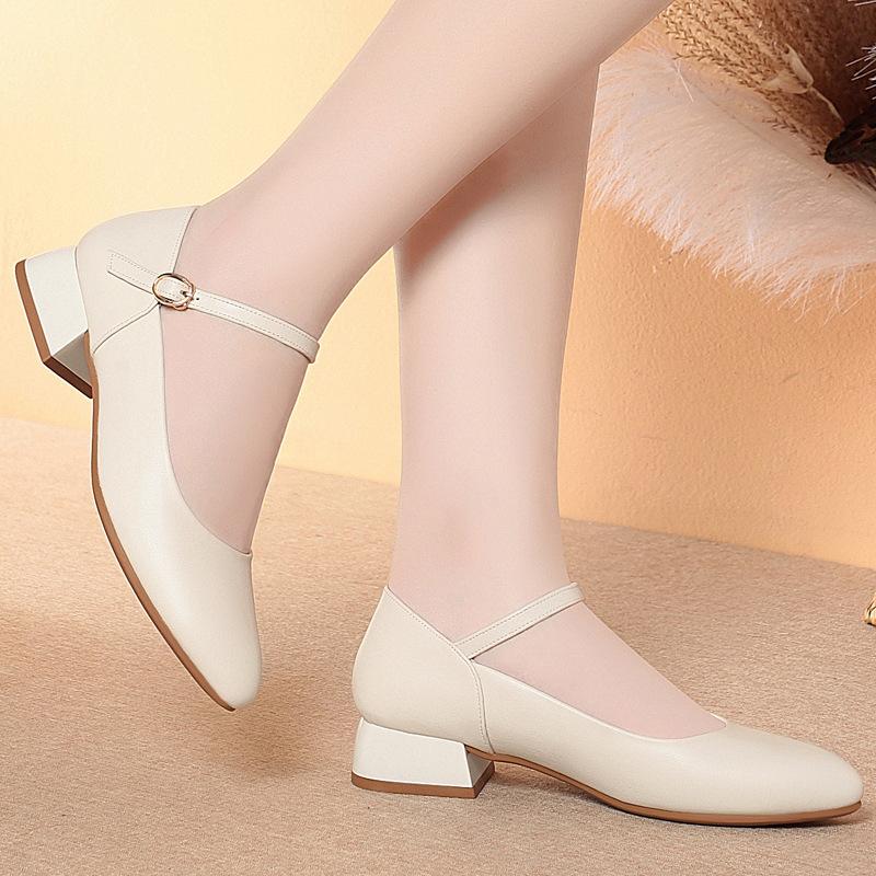Soft-soled Single Shoes One-button Women's Shoes Thick Heel Round Head Work Shoes Women's Black Tooling Shoes Women's Leather Shoes