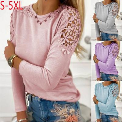 Fashion Women's Casual Tops Autumn Solid Color Slim Lace Hollow Long-sleeved T-shirt Comfortable and Versatile T-shirt for Ladies