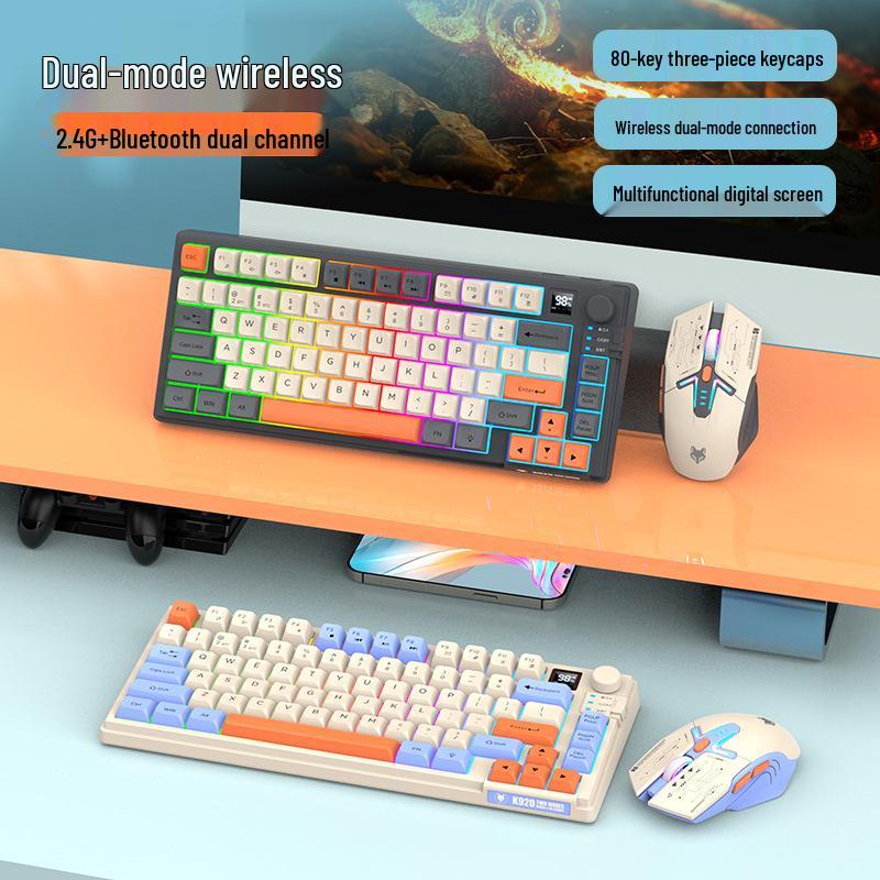 Dazzling Silver Fox K920 Wireless Bluetooth Keyboard & Mouse Set with Color-blocking, Luminous Design & Knob Display for Gaming & Office.