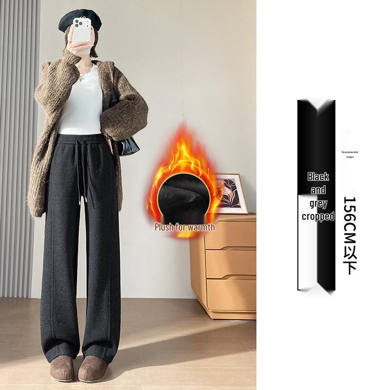 Women's High-Waisted Woolen Wide-Leg Pants - Plus Velvet Thickened, Loose, Casual, Autumn/Winter, Slimming, Straight-Leg Sweatpants