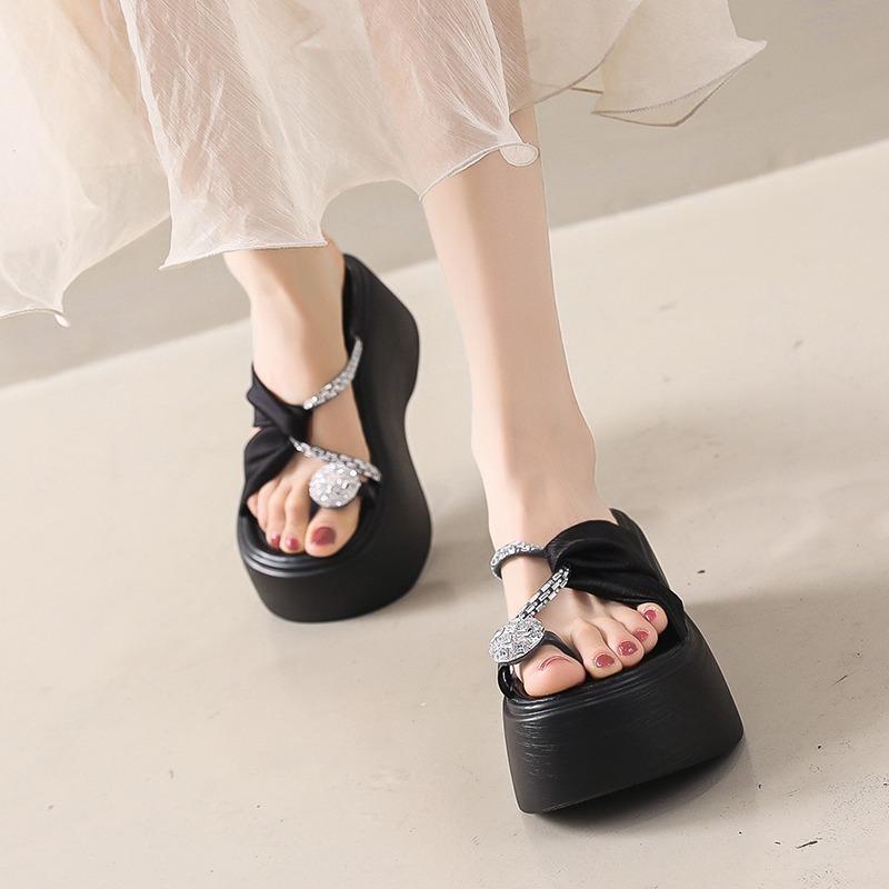 Fashion 9cm Summer High Platform Women Sandals Wedges Bling rhinestone Shoes Outside Chunky Sandals Beach Flip-Flops Casual Slides Woman