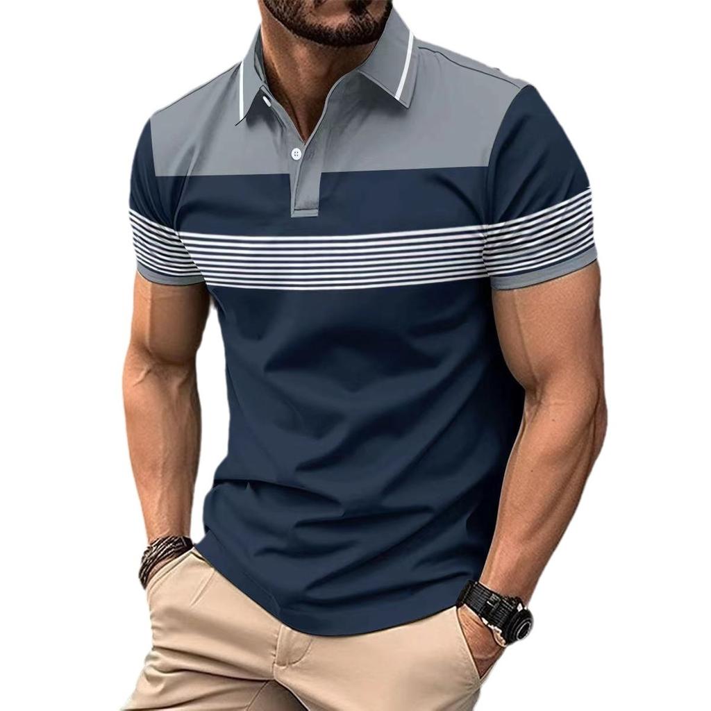 2024 Oversized Striped Polo T Shirt Men Summer Casual Lapel Button Blouse Fashion Contrasting Colors Patchwork Short Sleeve Polo Shirts