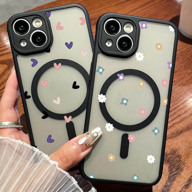 

Милый чехол для телефона с беспроводной зарядкой и цветочным принтом в виде маленьких сердечек для iPhone 15 Pro Max 14 13 12 Pro 11 для Magsafe, мягкий магнитный противоударный матовый чехол iPhone 15