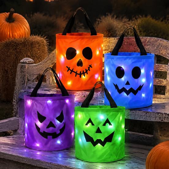 Reusable Holiday Party Favor Bags Halloween Glowing Pumpkin Candy Bag LED Light up Trick or Treat Bucket Lighted Buckets for Kids Waterproof